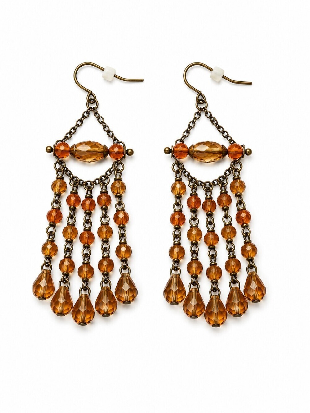 3/$30 VTG Antique Brass Orange Beaded Chandalier Chain Dangle Hook Earrings